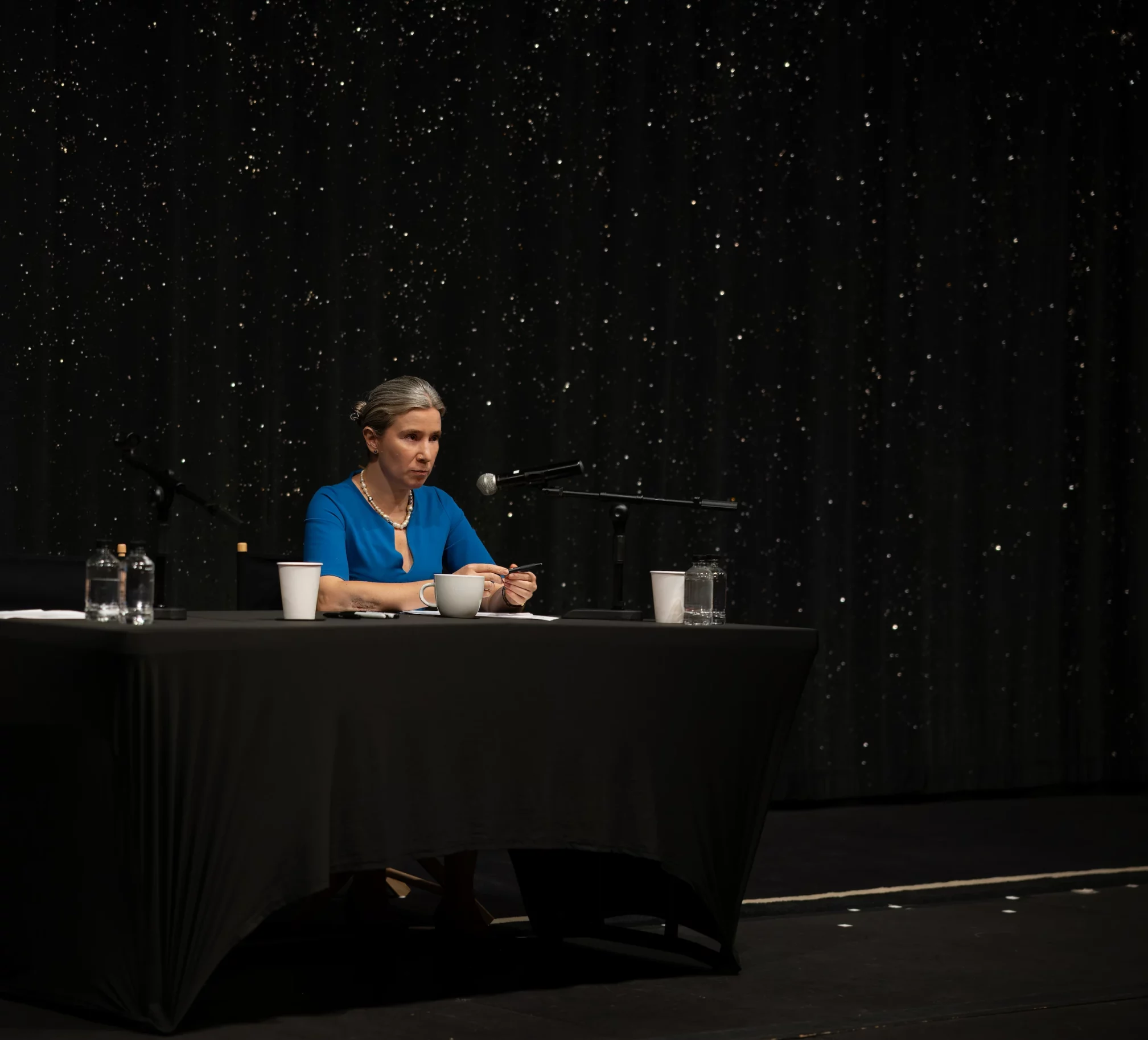 Speaker in blue attire seated on stage at the Fine Arts Theater, focused on discussion against a dark, starry background.