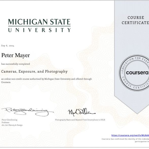 Certificado de Michigan State University: Cameras, Exposure, and Photography