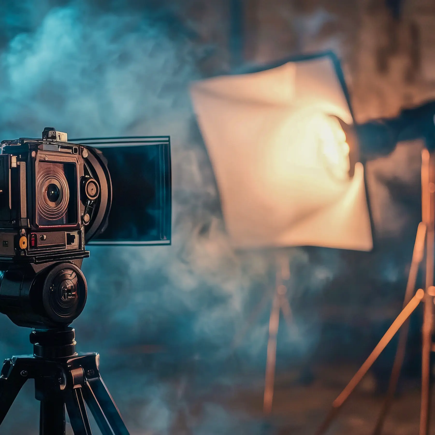 Set de estudio fotográfico premium con iluminación profesional y una cámara en tripié, rodeada de humo.